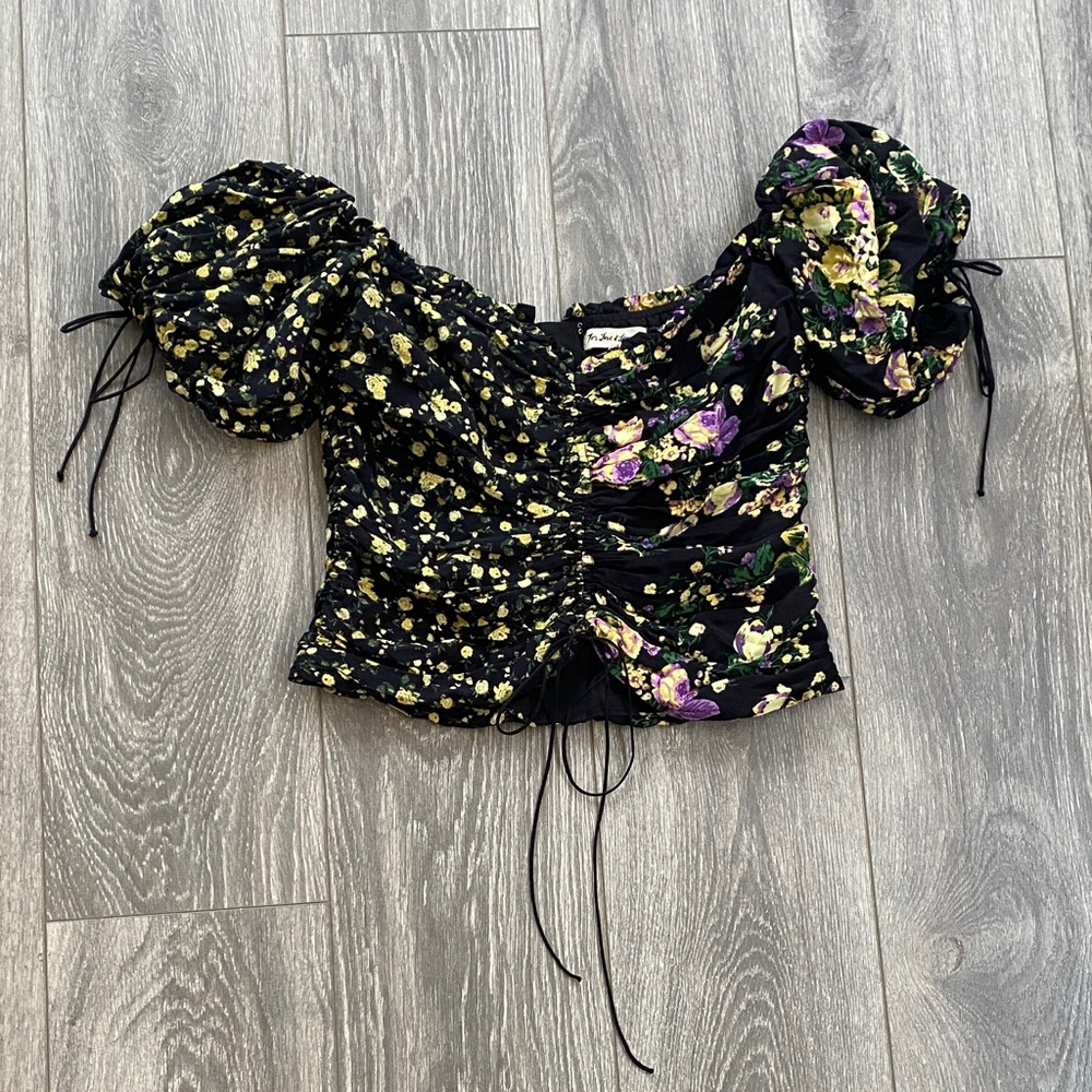 For Love And Lemons - Black & Yellow Floral Puff Sleeve Crop Top - Size M